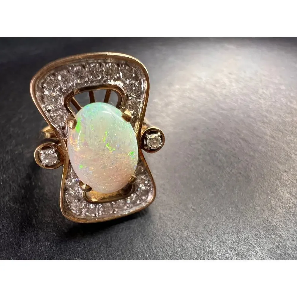 Vintage 14K Opal & Diamond Ring | Size 6.5 | Papered | 1.80ct | 60s–70s